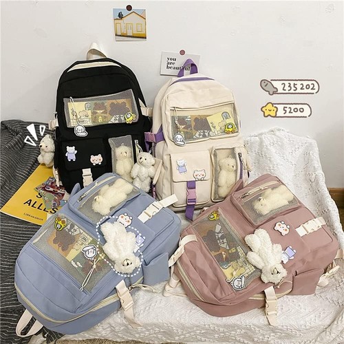 Kawaii Rucksack mit süßer Anstecknadel und Zubehör für Schultasche Mädchen blau - Bild 5 von 7