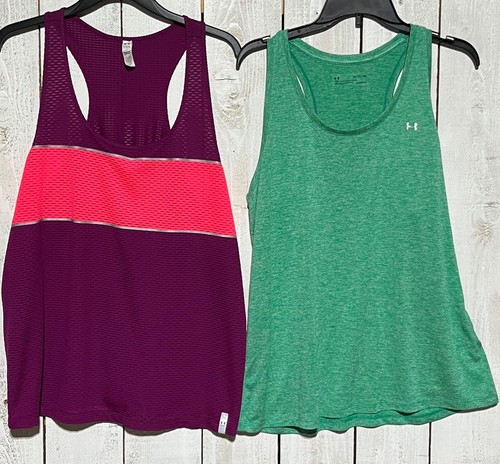 SET OF UNDER ARMOUR STRETCH LOOSE FIT WOMENS GREEN & PURPLE TANK TOPS SIZE XL - Imagen 3 de 5
