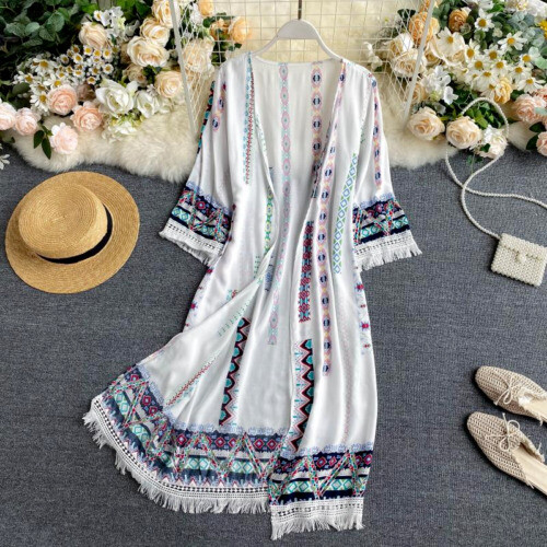 Kimono De Plage Tie-dye Blanc Et Bleu Avec Franges - Cover-up Lady Laila, Neuf Avec étiquettes