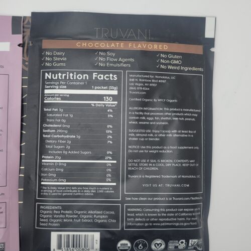 Truvani Plant Based Protein 4 Single Serving Pks 2 CHOCOLATE & 2 UNFLAVORED NEW - Picture 3 of 6