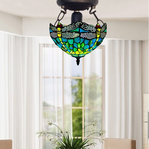 Lampada da soffitto verde libellula Tiffany 10 pollici paralume vetro colorato stile antico - Foto 12 di 15