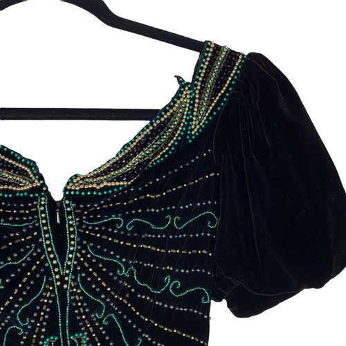 Vintage Landa Perlen Samt Abendkleid volle Länge Dekolleté Ausschnitt 6 - Bild 11 von 12