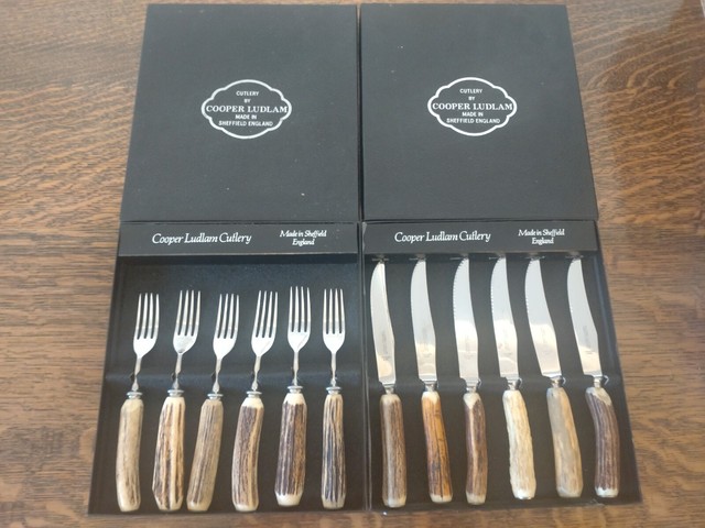 12 x Vintage Stag Antler Handle STEAK KNIVES & FORKS by Cooper Ludlam Sheffield 12 x Vintage Stag Antler Handle STEAK KNIVES & FORKS by Cooper Ludlam Sheffield