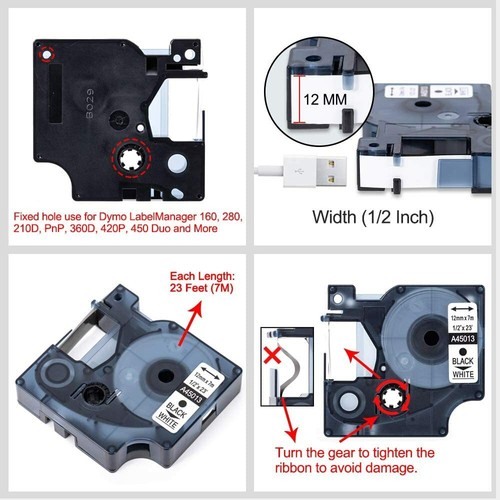 5PK 45013 Black on White Label Tape For Dymo Labelmanager 160 420P S0720530 12mm - Picture 7 of 12