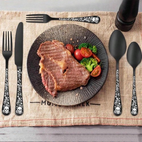 Gothic Skull 4 - Person Flatware Set - Bizarre Skeleton Flower Design, Black - Picture 10 of 14