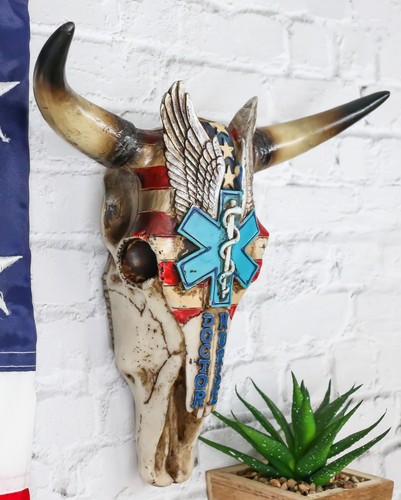 Rústico Western American Bandera Doctor Enfermera Caduceo Símbolo Vaca Calavera Decoración de Pared - Imagen 8 de 9