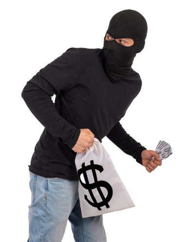Bank Robber Burglar Fancy Dress Moneybag Swag Bag Balaclava Hood & Fake Money - 第 1/2 張圖片