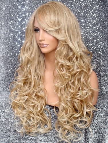 Lange Echthaar Mischung Vollperücke Hitze OK Lockig Blond Mix 27-613 Neu mit Etikett WBT - Bild 6 von 9