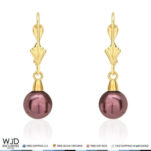 14K Yellow Gold 7mm Black Pearl Leverback Dangle Earrings 1" - Picture 3 of 5