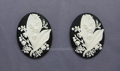 2 WHITE on BLACK LILY of the VALLEY Flower Bouquet 40mm x 30mm CAMEOS Crafts