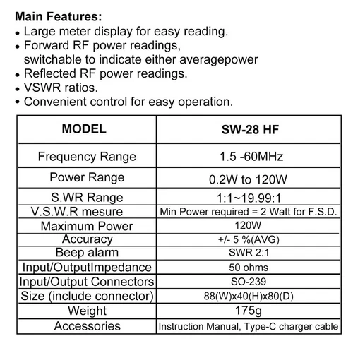 Surecom SW-28HF V.S.W.R. & Misuratore di Potenza 1.5-60MHz 120W Misuratore RF per Radio HF - Foto 6 di 9