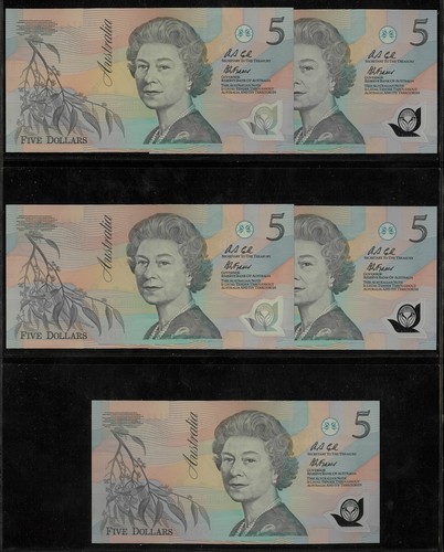 1992 Australian Run 5x $5 AA22 607851-855 First Original QE2 Polymer issues r214 - Foto 2 di 2