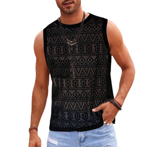 Mens Pullover Lace Round Neck Sleeveless Vest Casual Blouse Tops Tees Sports Gym - Picture 11 of 26