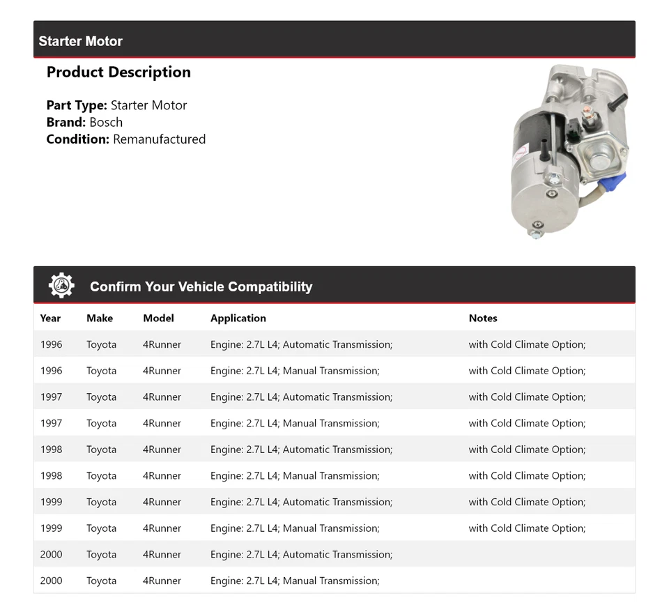 Arranque Bosch para Toyota 4Runner 1996-2000 2,7 L L4 (remanufacturado) 1997 1998 Foto 2 de 4