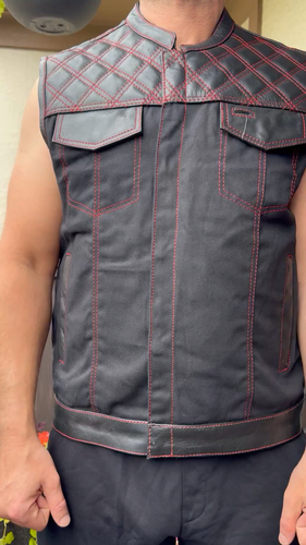 Dream Apparel Mens Black Denim & Genuine Leather Motorcycle Club Vest Red Thread - Video 1 of 1