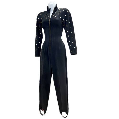 1980s Vintage Jumpsuit Black Zip-Up Stirrup Rhinestone CatSuit - Picture 7 of 12