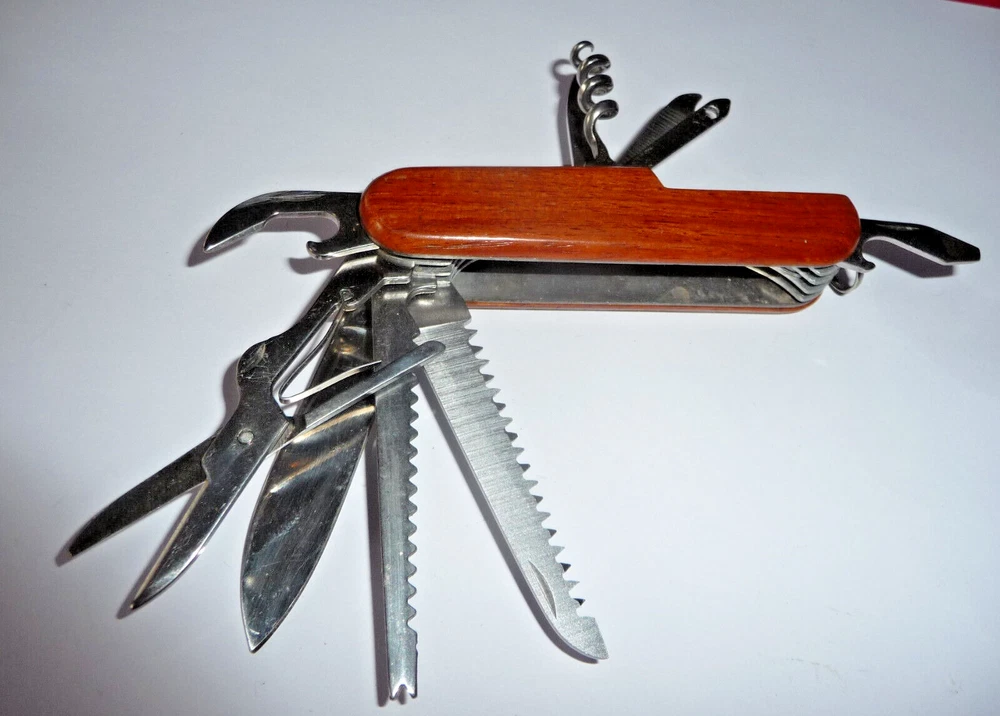 Multi-Tool Swiss Army type Pocket Knife with Wood Handle~11 Function tools