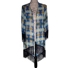 Umgee USA Womens Medium Southwest Blue Coral Print Long Black Fringe Kimono