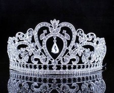 HEART WHITE CRYSTAL RHINESTONE HAIR TIARA CROWN BRIDAL SILVER JEWELRY T12108S