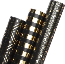 Ribbli Birthday Wrapping Paper Black and Gold Gift Wrapping Paper for Men Father