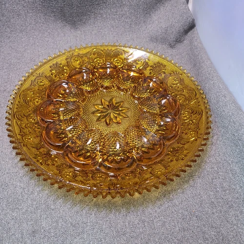 Tiara Indiana Glass Deviled Egg Platter, Sawtooth Amber, 12 1/4" Dia.