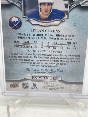 2020-21 Upper Deck Artifacts Dylan Cozens #IV #ed /399 ROOKIE DUAL JERSEY RC - Bild 6 von 6