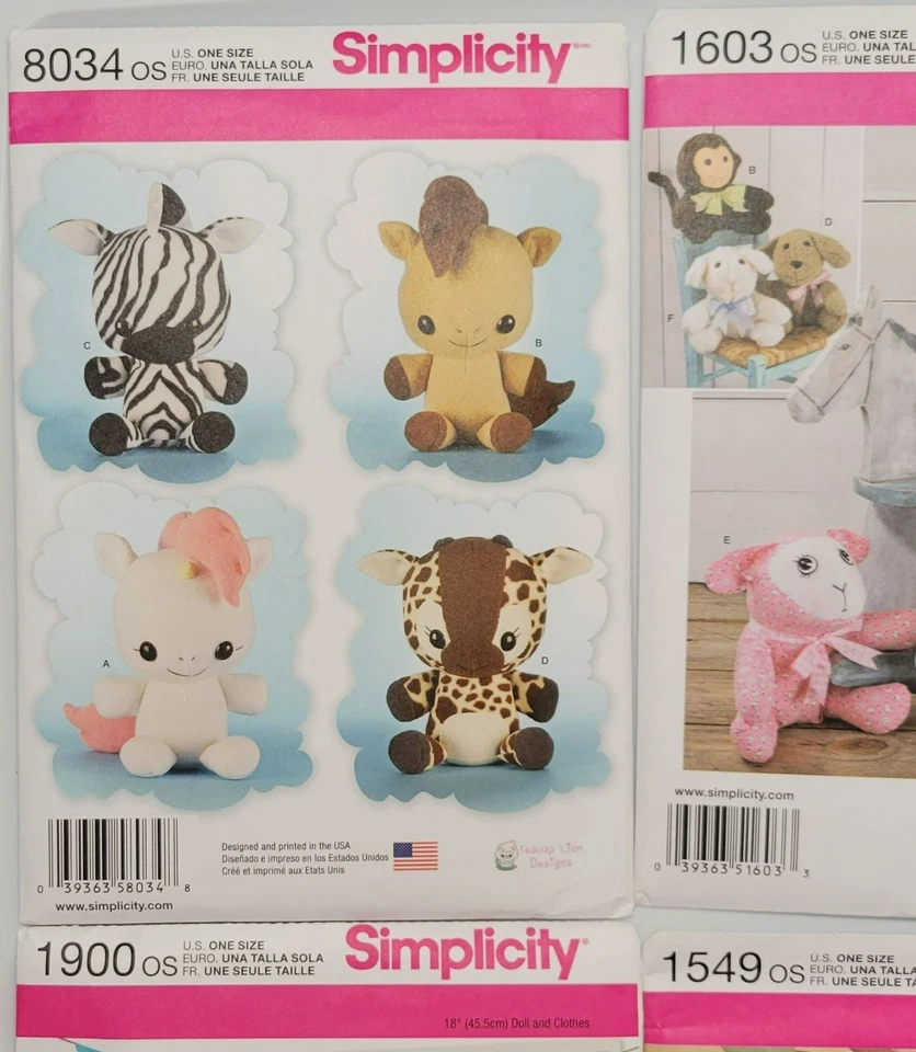 Simplicity Sewing Patterns Bundle For Plush Animals & Dolls 8034 1603 1900 1549 - Image 3 of 4