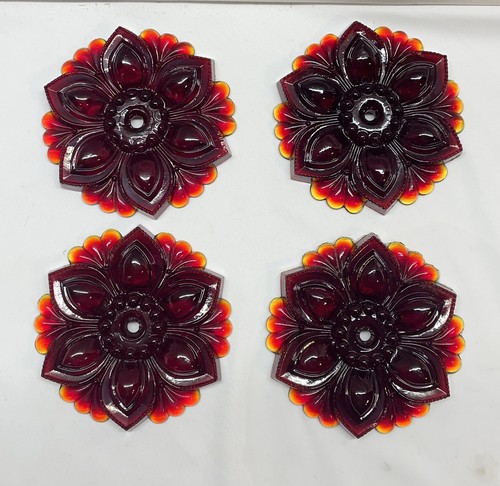 4 Vintage Rubin Glas Vorhang Gardine Raffhalter Rosette Blumen LESEN - Chips