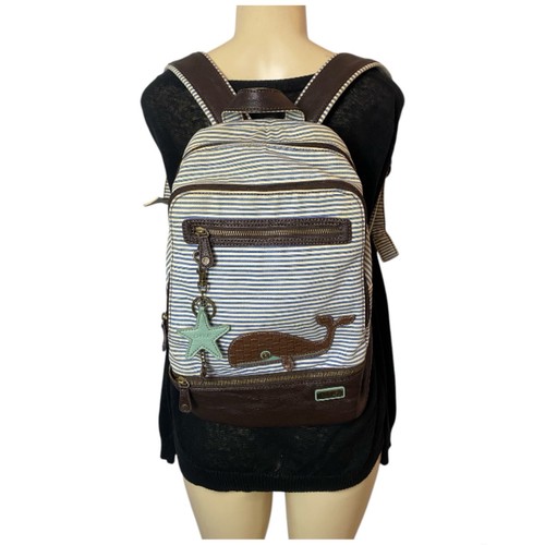 Chala Sea Whale Deluxe Backpack Bag W/Keychain Green Stripe Canvas