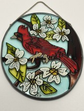 Cardinal Red Bird With Flowers Stained Glass Plaque Wall Hanging Suncatcher