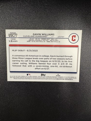 Serie de actualización cromada Topps 2024 - debut de novato Gavin Williams #USC77... - Imagen 2 de 2