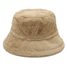  Winter Faux Fur Fuzzy Bucket Hat Fluffy Warm Hat for Women Men Plain Khaki