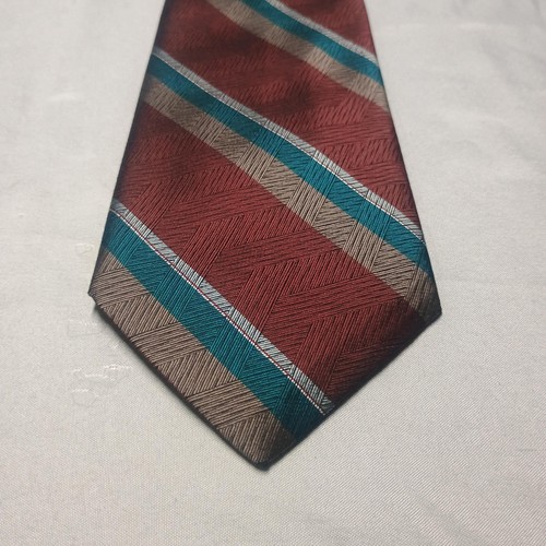 Vintage Towncraft Tie Mens Burgundy Teal Tan Striped Silk Blend Formal Neckwear - Picture 1 of 8