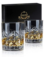 Whiskey Glass Set of 2, 10 oz Crystal Whiskey Glasses Thick Bottom Bourbon Gl...