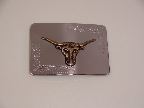 Fibbia cintura western vintage Longhorn Bull Steer cowboy cowgirl 3" x 2" Hong Kong - Foto 2 di 4