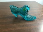 Vintage Fenton Cat Head Daisy & Button Aqua Blue Glass Victorian Shoe Slipper