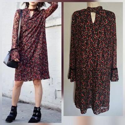 Libby Edelman Mesh Shift Dress Womens Size L Black Floral Cottagecore Velvet Bow