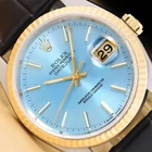 ROLEX MENS DATEJUST 16233 ICE BLUE 18K GOLD STEEL WATCH w/ BLACK LEATHER BAND