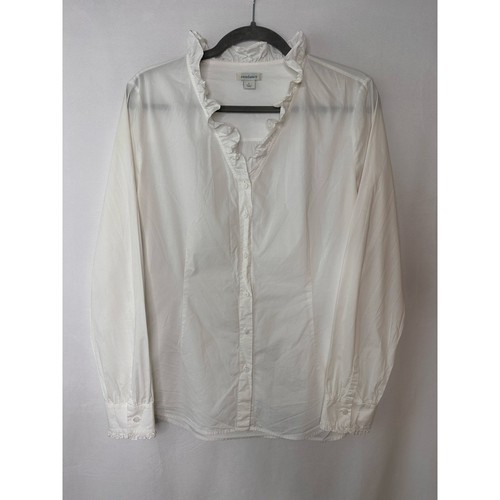 Sundance Katalog weiß Button Down Hemd Rüschen Ausschnitt Bluse Popeline Baumwolle L