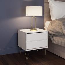 Image of Bedside Table 2 Drawer Modern White Nightstand Gold Legs Bedroom