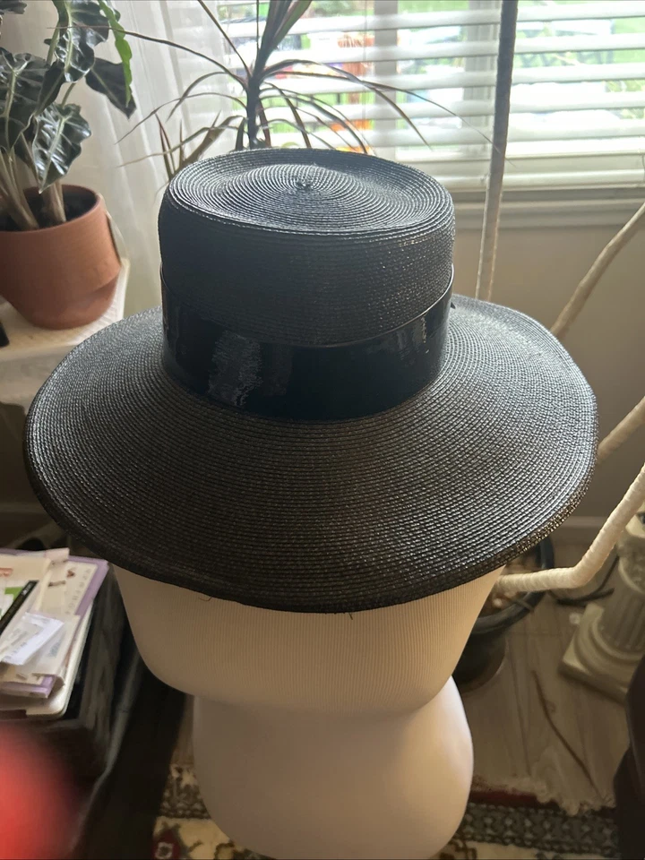 Vintage 1960s Frank Olive for Neiman Marcus Black Straw Brimmed Patented Leather - Image 2 of 4