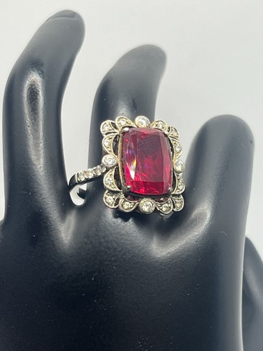 Art Deco style red rectangle glass stone CZ sterling silver vintage ring size 10 - Foto 8 di 21