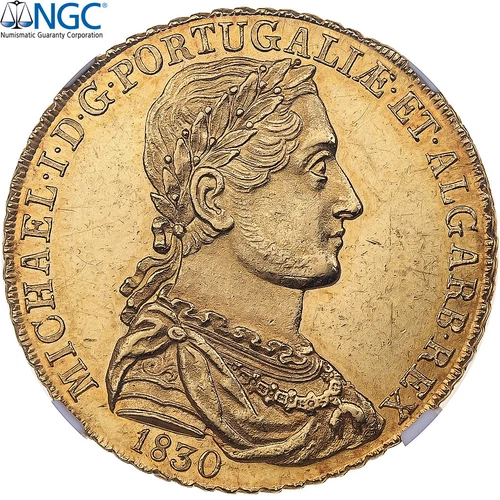 [#909993] Portugal, Miguel, Peca, 6400 Reis, 1830, Lisbon, Gold, NGC, MS63, KM:3