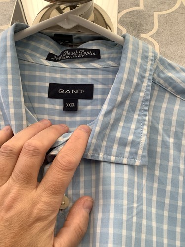 Gant Long Beach Poplin Shirt Light Blue Striped Check, Long Sleeved Size XXXL - Picture 6 of 11