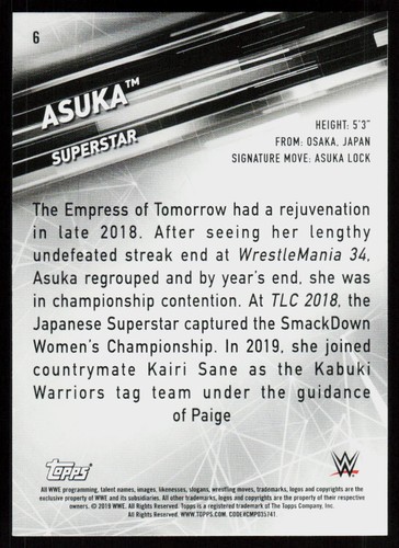 2019 Topps WWE SmackDown Live Asuka #6 WRESTLING CARD - Bild 2 von 2