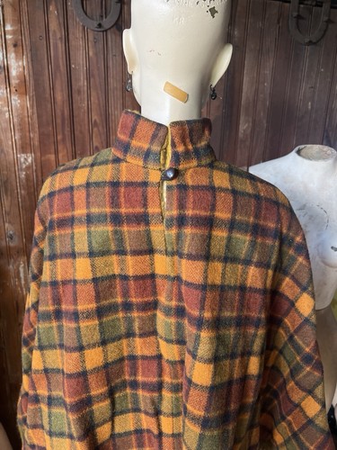 Vintage 60s 70s Plaid Wool Poncho Cape Fleece Lined Fringe Woven Mock Neck - Picture 6 of 7