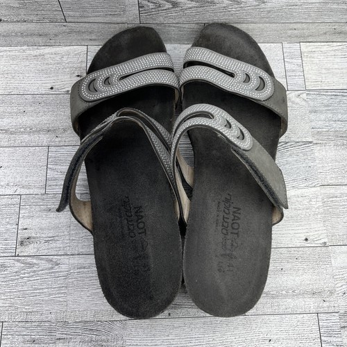 NAOT Ainsley Gray Leather Slide Sandals Sparkle Stud Adjustable Strap Women 10 - Picture 8 of 10