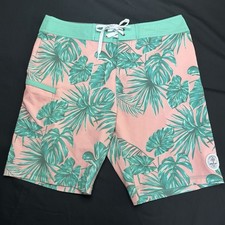 Ron Jon Surf Shop Board Shorts Mens 31 Pink Green Palm Swim Trunks 4 Way Stretch