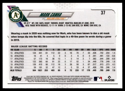 2021 Topps Chrome Mark Canha Oakland Athletics #37 - Picture 2 of 2