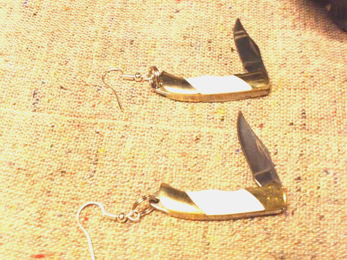 Custom Earrings (pair) Miniature Knife White MOP Shell 1-1/2" SS Wire + Gift Box - Picture 4 of 10